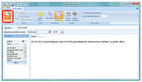outlook 2007 sms gönderimi